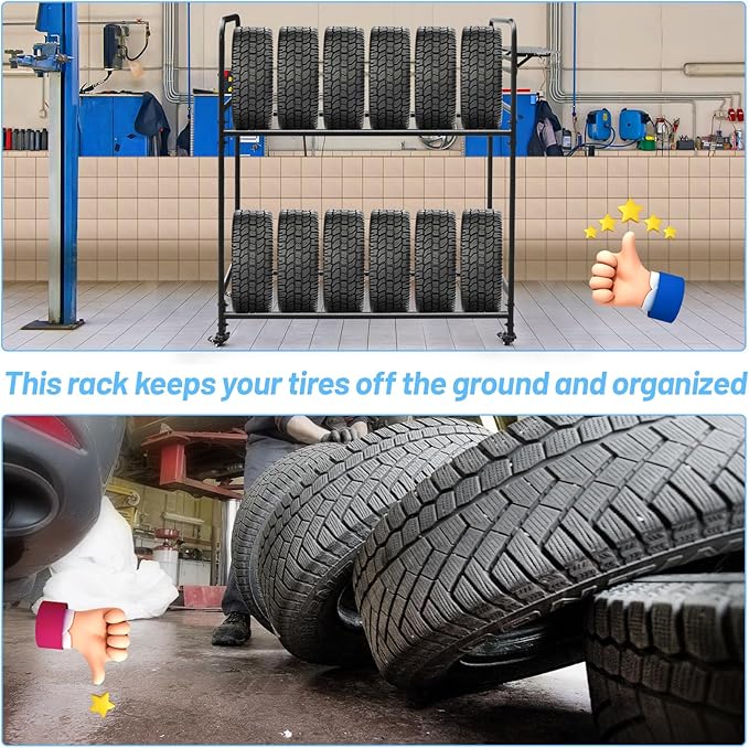 Rolling Tire Rack for Garage, Adjustable Metal Tire Rack with Foldable Heavy-Duty Hole Board, 4 Self-Locking Swivel Casters, 59” Height, 660 Pound Capacity