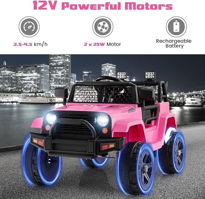 OLAKIDS Kids Ride On Truck, 12V Electric Vehicle Jeep Car with Remote Control, Toddlers Battery Powered Toy with 2 Speeds, Spring Suspension, Double Open Doors, LED Lights, Music, TF, USB, Mp3 (Pink)