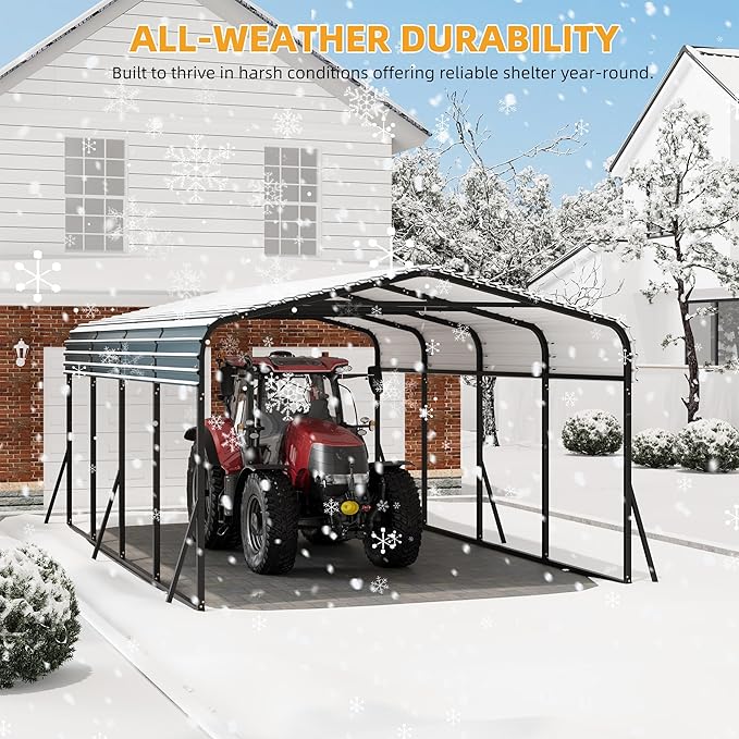 12 x 20 FT Metal Carport with Galvanized Steel Roof, Heavy Duty Metal Roof Carport with Enhanced Base, Tall Kits Garage for Tractors, Trucks, Boats, Cars