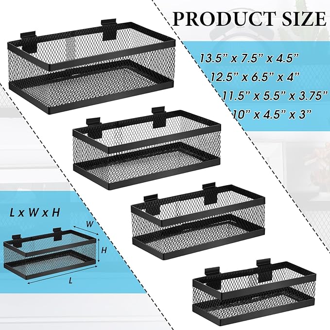 Coume 4 Pcs Black Slatwall Baskets 4 Size Metal Mesh Wire Basket for Slatwall Panels Ventilated Wall Mounted Hanging Accessories for Home Garage Retail Store Display Organizing(Mixed Size)