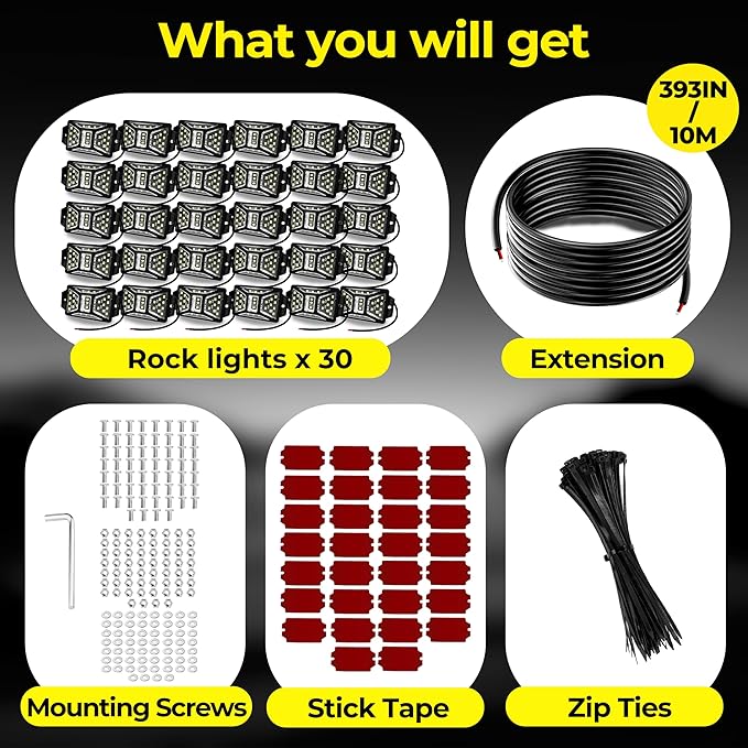 30 Pods 810 White Rock Lights with 11yd/10M Extension Wire, 6000K Super Bright Underglow Light, Waterproof IP67, 360° Full Angle Illuminate Rock Lights for Trucks Jeep UTV ATV SUV Boats