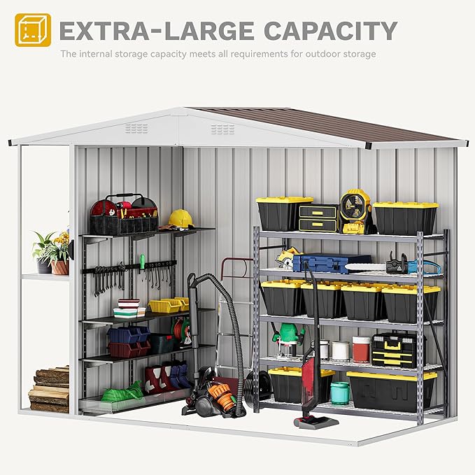 DWVO 8 x 4 ft Outdoor Storage Shed with 2-Tier Shelf, Metal Tool Shed & Garden Storage Cabinet for Backyard, Patio, Equipment & Bike, Brown