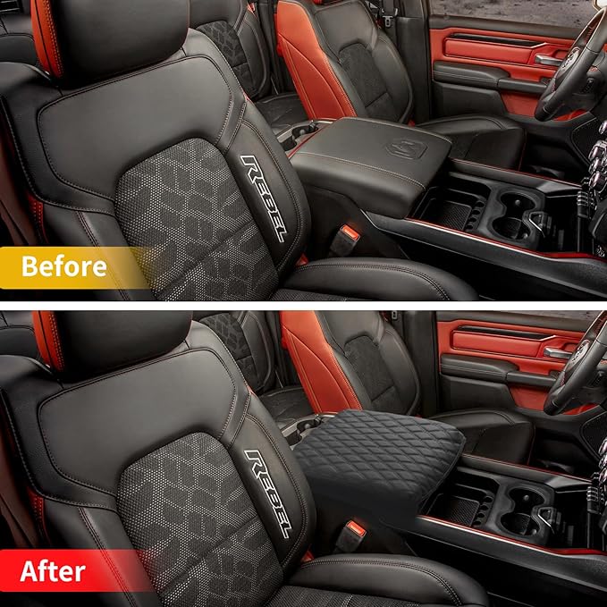 GIANT PANDA Custom Fit Center Console Cover for Dodge RAM 2009-2023 with Bucket Console- Waterproof Faux Leather Armrest Center Cover - Full Protection - Black