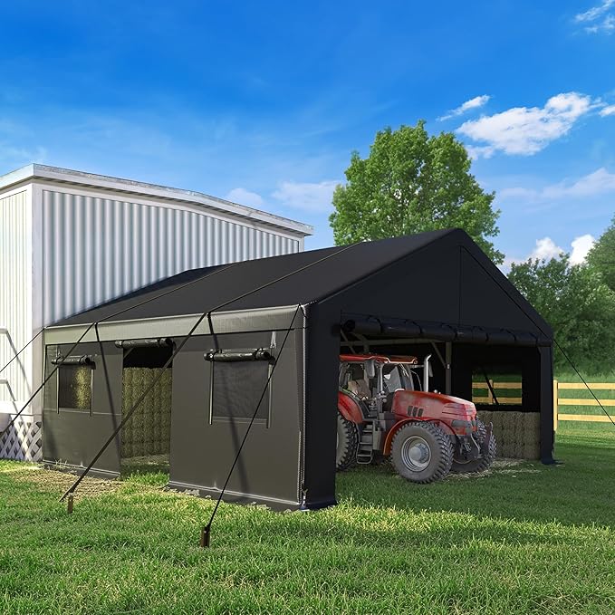 Bepatio 2 Car Carport, 20 x 20 Heavy Duty Metal Carport, All Weather Extra Large Car Port, Outdoor Portable Garage with Side-Opening Doors & Roll-Up Windows