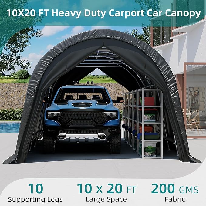 EROMMY Carport 10 x 20 FT Heavy Duty, Portable Garage with All-Steel Metal Frame and Round Style Roof, Anti-Snow Car Canopy Outdoor Storage Shelter for Car, Truck, Boat