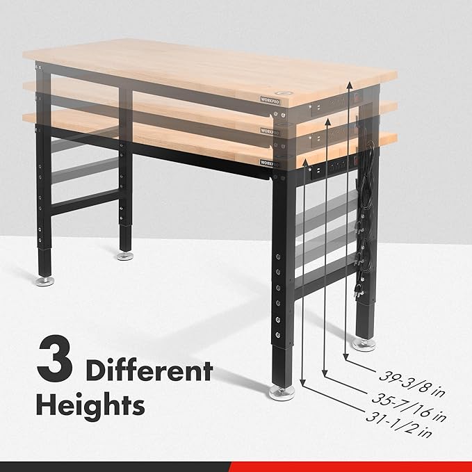 WORKPRO 48" Adjustable Workbench, Rubber Wood Top Heavy-Duty Workstation, 2000 LBS Load Capacity Hardwood Worktable with Power Outlets, for Workshop, Garage, Pack of 10