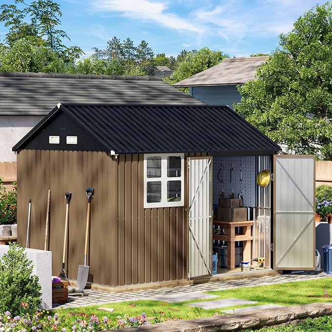 10X8FT Outdoor Steel Storage Shed with Lockable Doors, One Big Window,Ideal for Garden, Backyard, Patio Storage,Brown