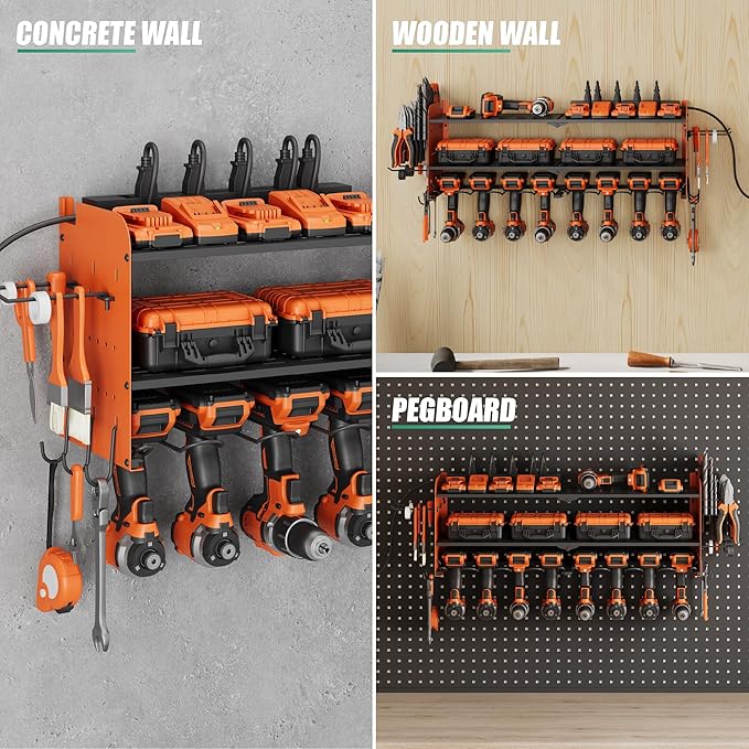 Suchtale Power Tool Organizer with Charging Station,33.2''Garage 8 Drill Holders Wall Mount,3 Layers Heavy Duty Metal Tool Shelf with 8 Outlets Power Strip, Gift for Men, Father, Orange