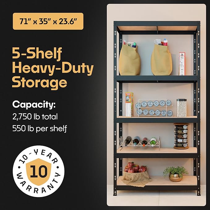 Storage Shelves: 5 Storage Shelves Heavy Duty w/ 2,750 lb Total Load Capacity, 550 per Storage Shelf, 71x35x24 | Perfect Solution for Your Storage Needs | Adjustable Shelving Unit
