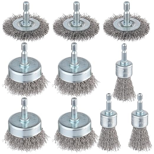Rocaris 10-Pack Carbon Steel Wire Wheel, Cup, Pen Brush Set with 1/4-Inch Hex Shank for Rust Removal, Corrosion and Scrubbing Surfaces