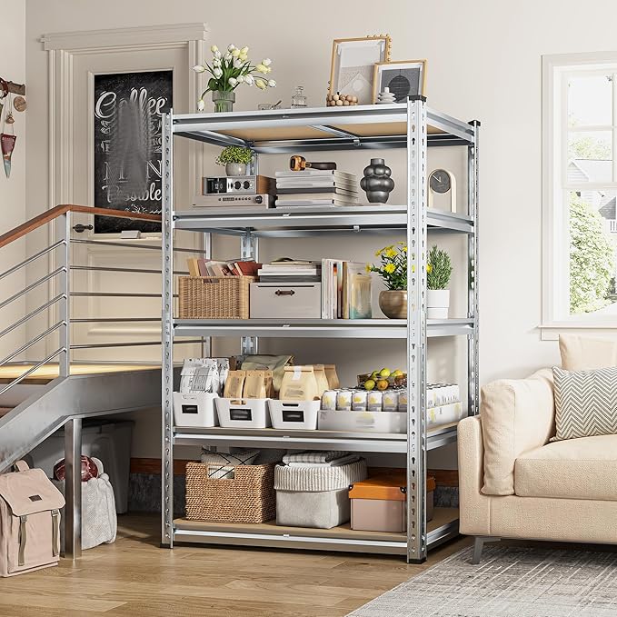 REIBII Garage Shelving, 5 Tier Storage Shelves Load 2020LBS, Adjustable Garage Shelves Heavy Duty, Metal Shelving Unit with Waterproof Columns for Warehouse, 35.5" W x 11.9" D x 72" H, Galvanized