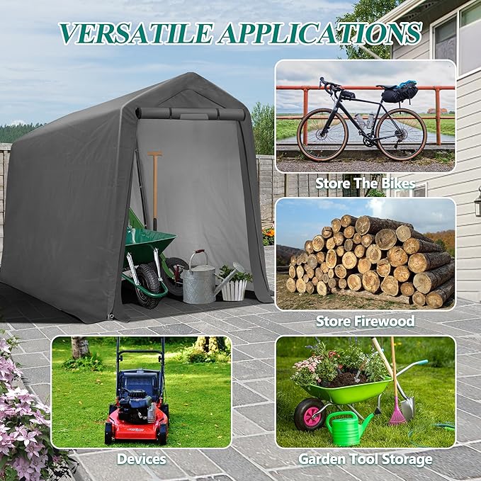 6' x 7' Outdoor Storage Shelter Shed- Heavy Duty Storage Tent with Roll-up Ventilated Windows, Portable Garage Storage shed for Bike, ATV, Motorcycle Shelter, Gray