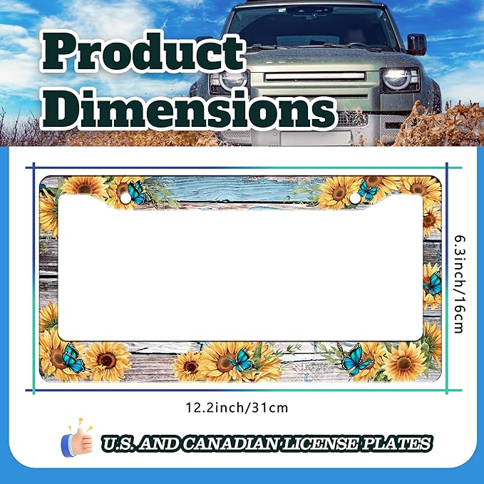 Blue Butterfly Sunflower License Plate Frame Wooden Board Flowers Animals License Plate Holder for Front or Rear Car Tags Stainless Steel Funny Car Decoration with Screws 6.3 X 12.2 in