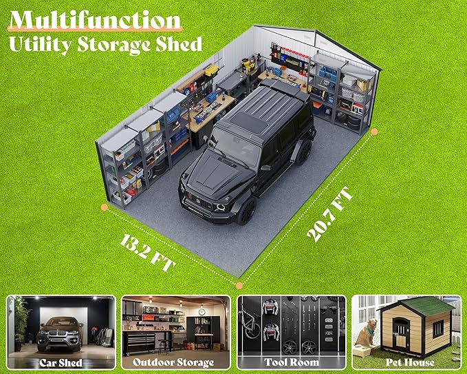 AMERLIFE 13.2x21x8 FT Outdoor Metal Garage Shed, Extra Large Storage Shed with Double Hinged Doors, 4 Windows, Carport for Car, Truck, Bike and Lawn Equipment, Dark Grey