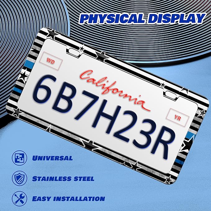 American Flag Blue Line License Plate Frame Star Flag License Plate Frames Personalise Stainless Steel Funny Design Compatible With Standard License Plate Holder For Usa Canada 6 X 12 Inch With Screws