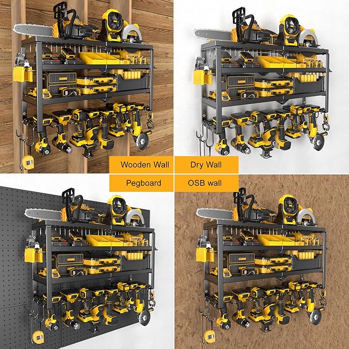 Large Power Tool Organizer Wall Mount, Maximum 420lbs Load Capacity, 4 Layers Heavy Duty Metal Tool Storage for Garage/Workshop/Shed, Utility Racks with 8 Cordless Drill Holder, Gift for Men