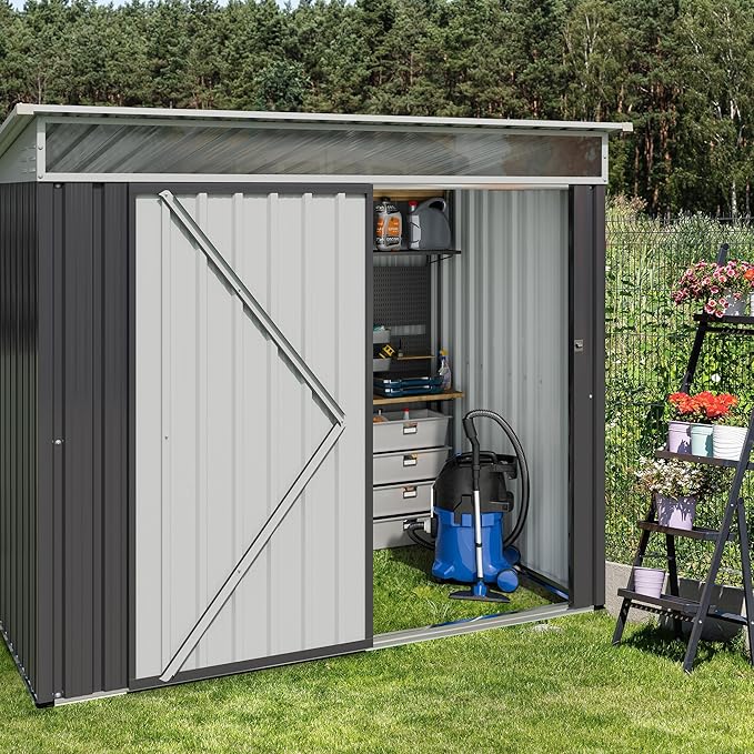 JY QAQA 6x4 FT Metal Outdoor Garden Storage Shed, Waterproof Metal Garden Sheds with Window and Lockable Double Door, Weather Resistant Steel Tool Storage House Shed for Patio,Lawn