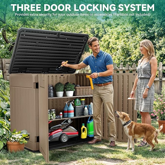 YITAHOME Extra Large Outdoor Horizontal Storage Shed, 4.5x4ft Resin Tool Sheds w/o Shelf, Easy to Assemble Waterproof Storage for Trash Cans, Garden Tools, Lawn Mower, Lockable, Brown