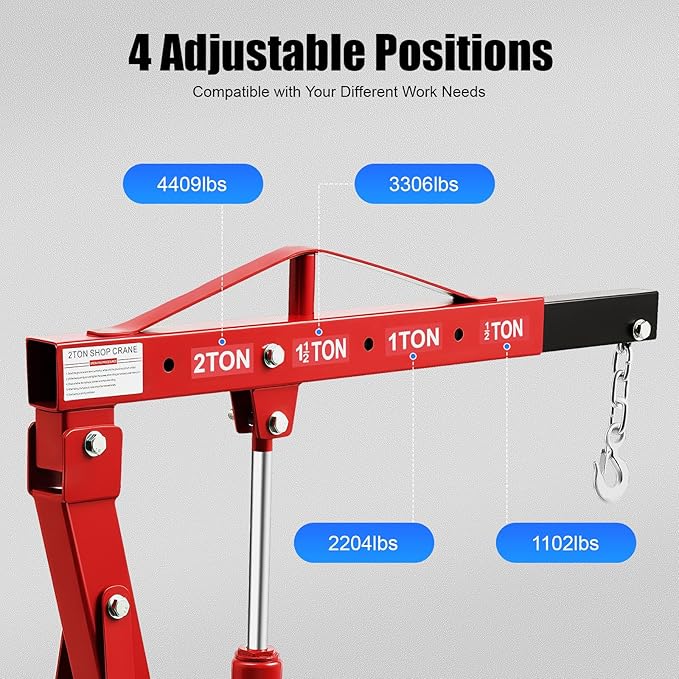 Folding Engine Hoist 1 Ton Engine Crane Lift with 6 Caster Wheels 2200LBS Steel Hydraulic Engine Crane 4 Adjustable Positions for Car Fixing Workshops Garages Warehouse(Sent in 2 Packages)