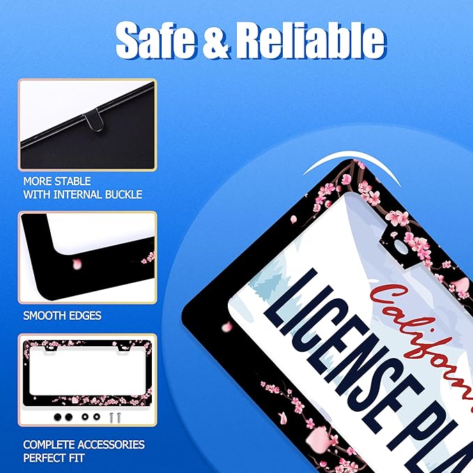 Cherry Blossom License Plate Frame Beautiful Flowers Pink License Plate Stainless Steel Funny License Plate Holder Floral Car Accessories Decoration With Screws Fits Standard Vehicles Size 12.3"x 6.3"