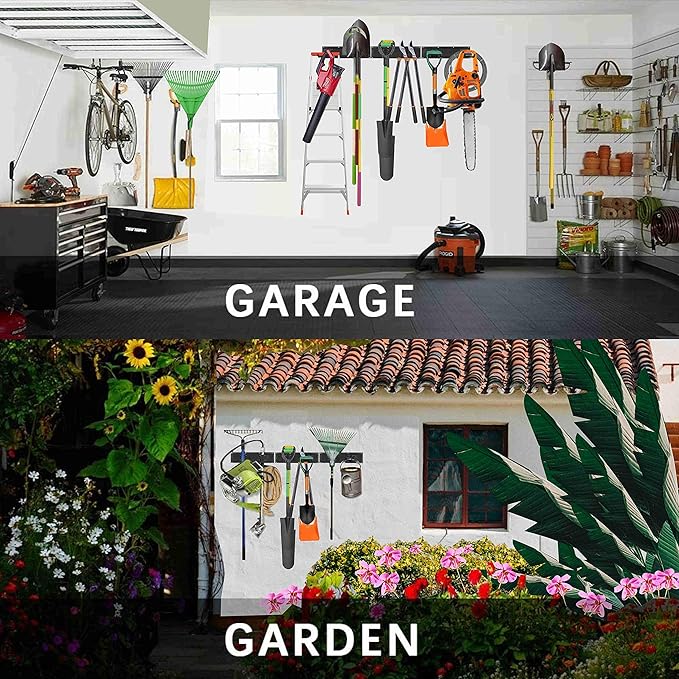 Garage Tool Storage Organizers Wall Mounted with 6 Removable Hooks and 3 Board, Super Heavy Duty Powder Coated Steel Garden Tool Hanger Rack for Chair, Broom, Mop, Rake Shovel & Tools