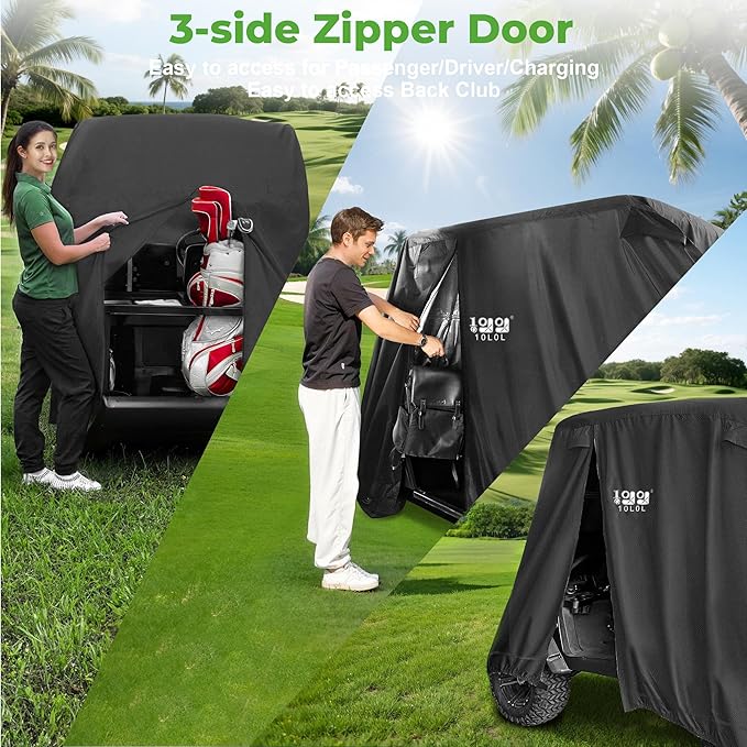10L0L 4 Passenger Golf Cart Cover for Yamaha EZGO Club Car, 400D Polyester All-Weather Waterproof Golf Cart Storage Cover with Three Zipper Doors-Black