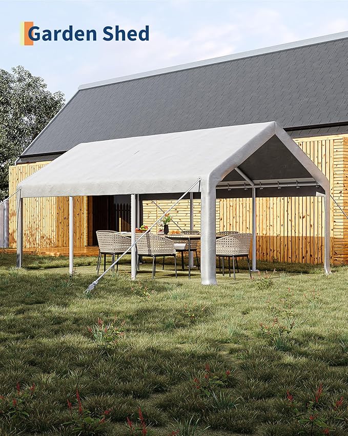 10x20 Ft Carport, Car Port with 200g PE Tarp, Roll-Up Doors, and 4 Windows, for Sedans, Bass Boats, Motos, ATVs, and SUVs, White