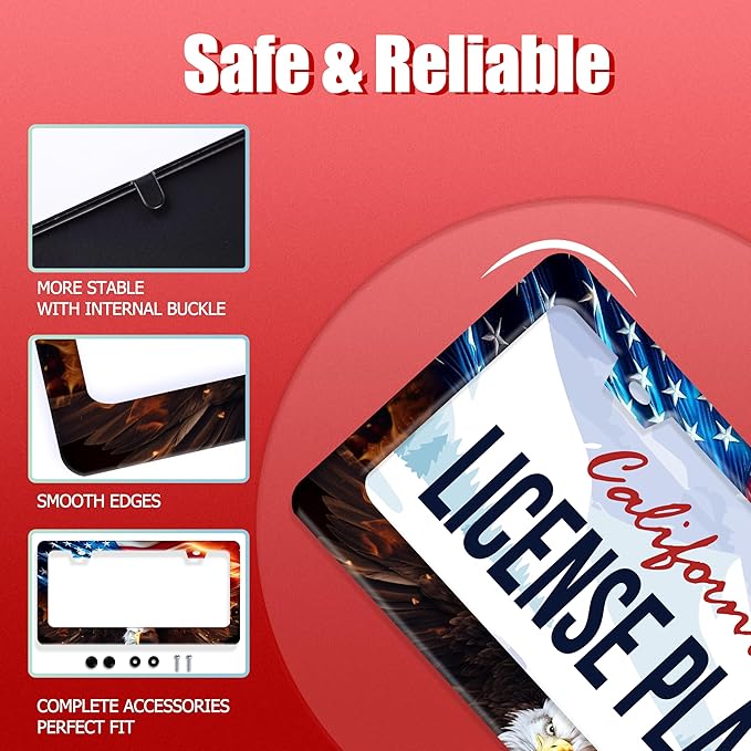 American Flag Bald Eagle License Plate Frame Patriotic License Plate Frames for Car Decorative Parts Stainless Stee License Plate for Standard Us Canada Funny License Plate Holder 12x6 Inch Unisex