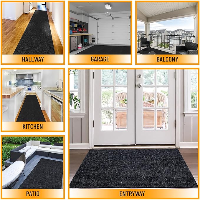Ottomanson 6'6" x 9' Mud Mat Area Rug Scraper Carpet - Non-Slip, Dirt Trapping for Indoor & Outdoor Use - Ideal for Entryway, Garage, Kitchen, Patio & High-Traffic Areas, Black