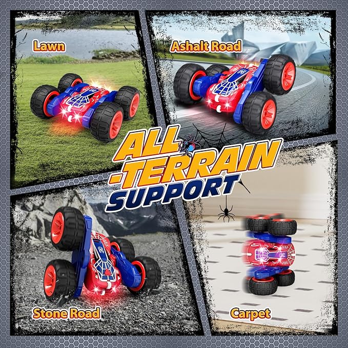 Tecnock Spider Remote Control Car, 2.4GHz RC Cars with USB-C Easy Charging, 4WD Double Sided 360° Rotates & Flips RC Stunt Car, Toys Gift for Boys and Girls