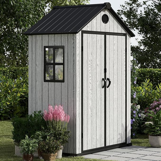 5.3x3.4 FT Resin Outdoor Storage Shed, 135 Cuft Garden Tool Sheds & Outdoor Storage Plastic Shed with Floor, 7FT Tall Backyard Outside Lawn Mower Storage Shed with Side Window, Cemented Grey
