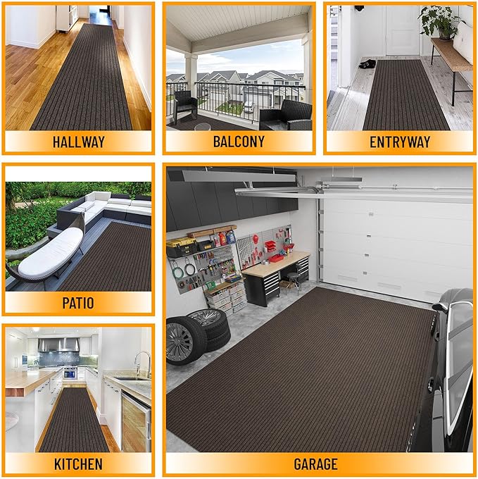 Ottomanson 2' x 9' Hallway Runner with Scraper Pile Extra Durable Non-Slip Rug Mat for Indoor & Outdoor Use - Ideal for Kitchen, Entryway, Patio & Garage - High-Traffic Carpet, Brown