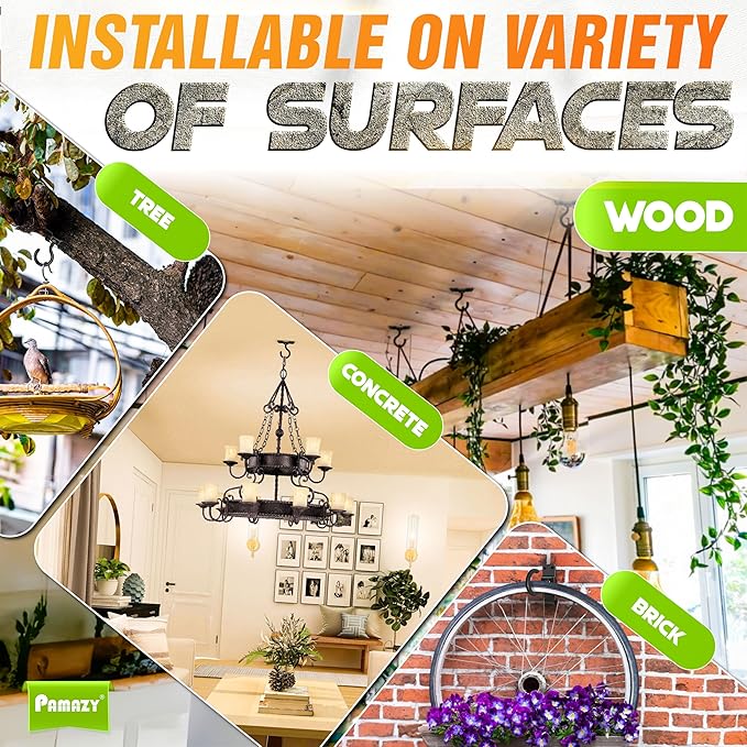 [UPGRADED] 2Pcs 200LBS Rotatable Ceiling Hooks with 4 Screw Points Base, Wall Mount Metal Hanger Black Ceiling Hook for Hanging Plant, Bird Feeder, Lights, Bed Canopy, Wind Chime, Indoor Outdoor Decor
