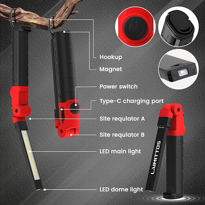 Rechargeable Work Light 2200mAh Magnetic LED Work Light Flashlight Mechanic Light Tool Gifts for Men Him, Foldable Lamp with Hook for Car Repair Emergency BBQ Grill (2 Pack)