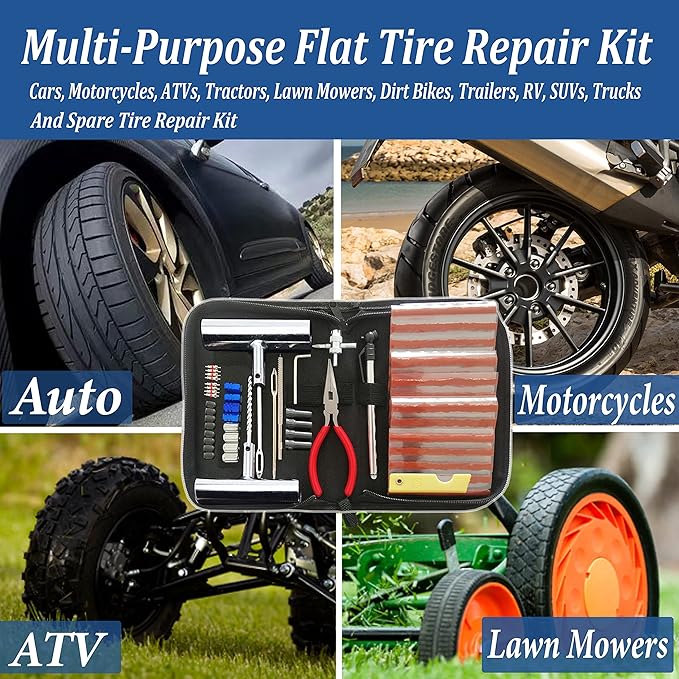 Tire Repair Kit, 68pcs Heavy Duty Tire Plug Kit, Universal Tire Repair Tools Flat Tire Puncture Repair for Car, Motorcycle, Truck, SUV, RV, ATV, Tractor, Trailer Fix Punctures and Plug Flats Patch Kit