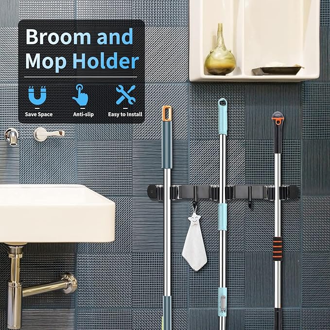 Huryfox Heavy-Duty Stainless Steel Broom Holder, Black, Wall Mount, 1-4 cm Diameter Compatible, Adjustable, 3 Racks, 2 Hooks, Space-Saving