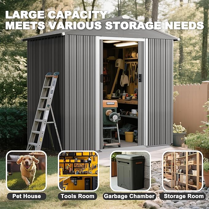 Nuu Garden 6 x 4 FT Outdoor Storage Shed with Sliding Doors, Galvanized Metal Garden Shed with Sloping Roof, Anti-Corrosion Outdoor Tool Shed with Air Vents for Backyard, Patio, Lawn, Gray