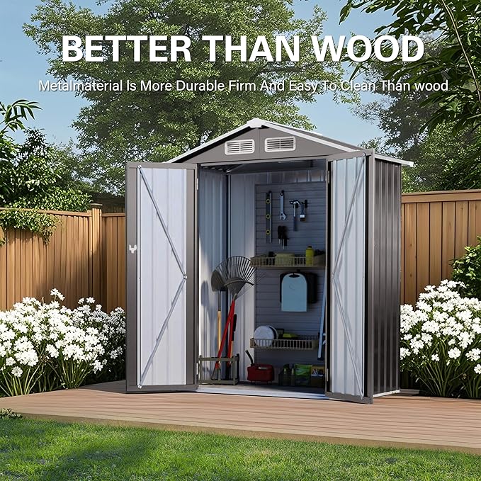 IKERY 5X3 FT Metal Outdoor Storage Shed, Tool Shed with Pitched RoofWaterproof, Lockable DoorCompact Metal Tool Shed for Garden, Backyard, Patio, Everyday Sundries and Bike Storage, Gray