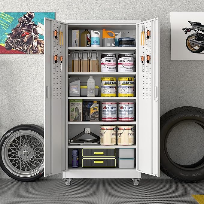71" H×32" W×16" D Garage Storage Cabinet with Wheels, Locking Metal Storage Cabinet with 5 Adjustable Shelves, 4 Hooks and Pegboard for Garage, Home Office, Kitchen, Assembly Required, White