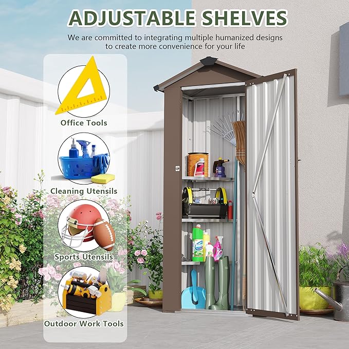 Outdoor Metal Storage Shed, Waterproof Garden Tool Shed with Lock, Galvanized Steel Utility Cabinet, Weather-Resistant Storage Locker for Backyard, Patio, Garage Tools Organization (Brown)