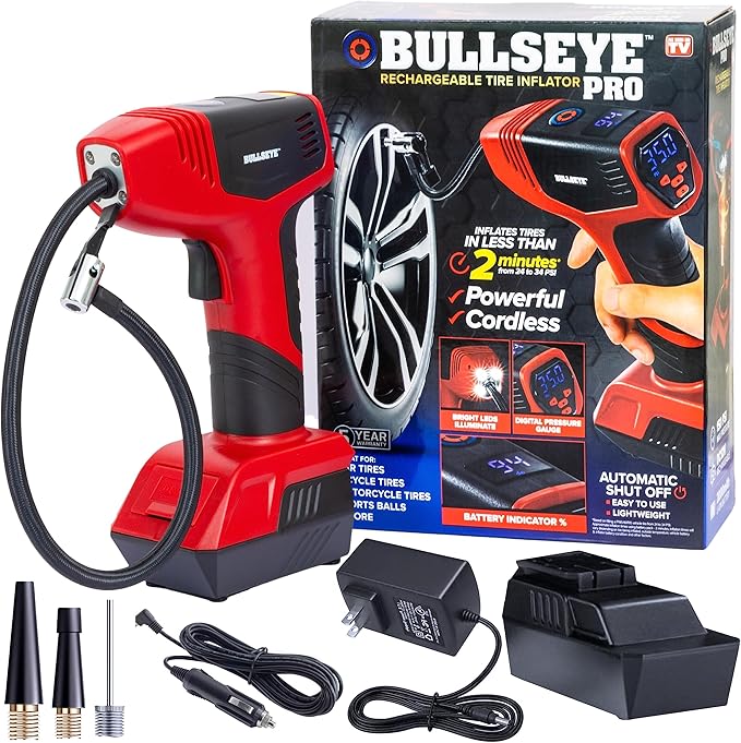 Bullseye Pro Automatic Digital Tire Inflator 150 PSI Max w/Gauge Display Screen & Pre-set Pressure in KPA, PSI, BAR, kg/cm, Built-in LED Lights, Rechargeable, Air Compressor, Car Tire Pump