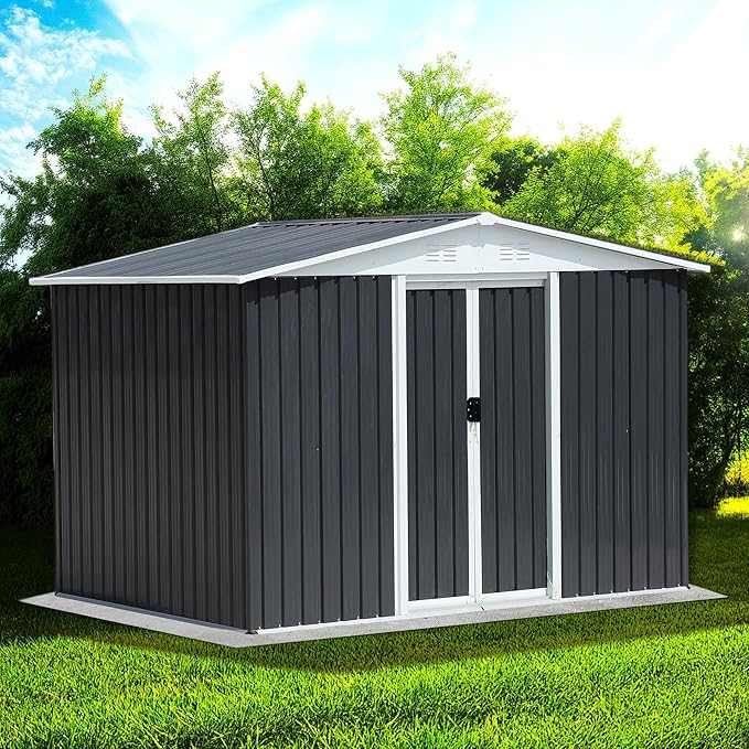 8x6 FT Outdoor Metal Storage Shed with Updated Frame, Waterproof Durable Garden Sheds w/Lockable Sliding Doors and Vents, All-Weather Shelter Tool House for Backyard, Patio, Lawn, Grey