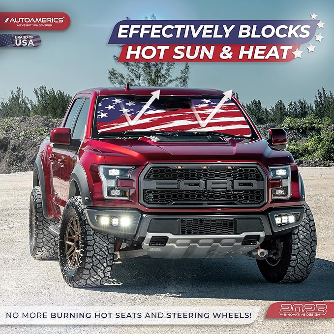 Autoamerics Truck Windshield Sun Shade with Storage Pouch & Anti-Slip Dash Pad - Foldable USA Art Flag-2 Design - Fits Most SUVs & Trucks - Blocks UV Rays and Keeps Car Cool | X-Large (66 x 36 inches)