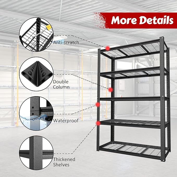 MUPATER 48" W x 20" D x 72" H Metal Storage Shelves, Garage Shelving Unit, Standing Utility Shelf Racks, 5 Tier Shelves and Adjustable Shelves for Garage Kitchen Warehouse