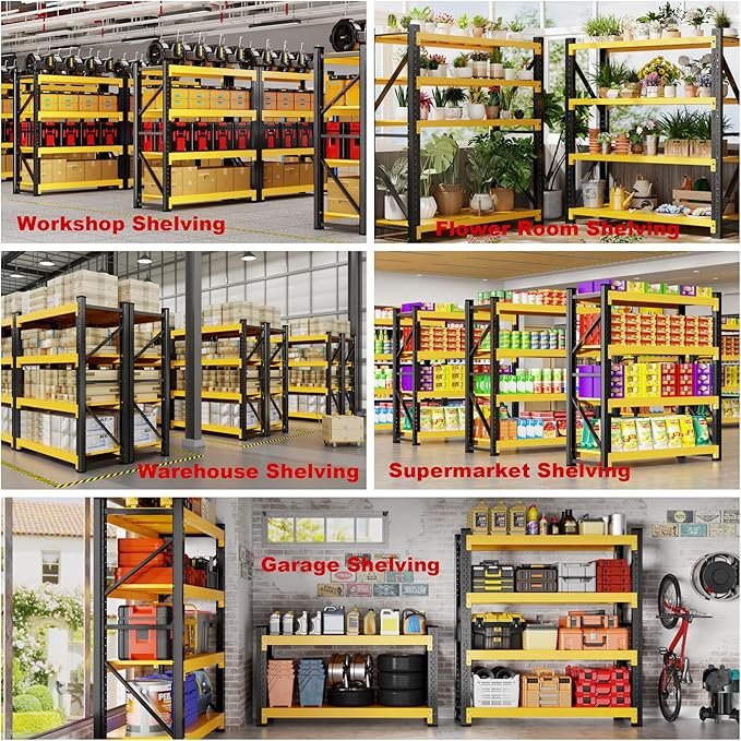 5000LBS Garage Shelving 59" W Garage Shelving Heavy Duty 4-Tier Metal Storage Shelves Adjustable Shelf Unit Storage Rack for Basement Supermarket Warehouse 59" W x 20" D x 78" H Yellow
