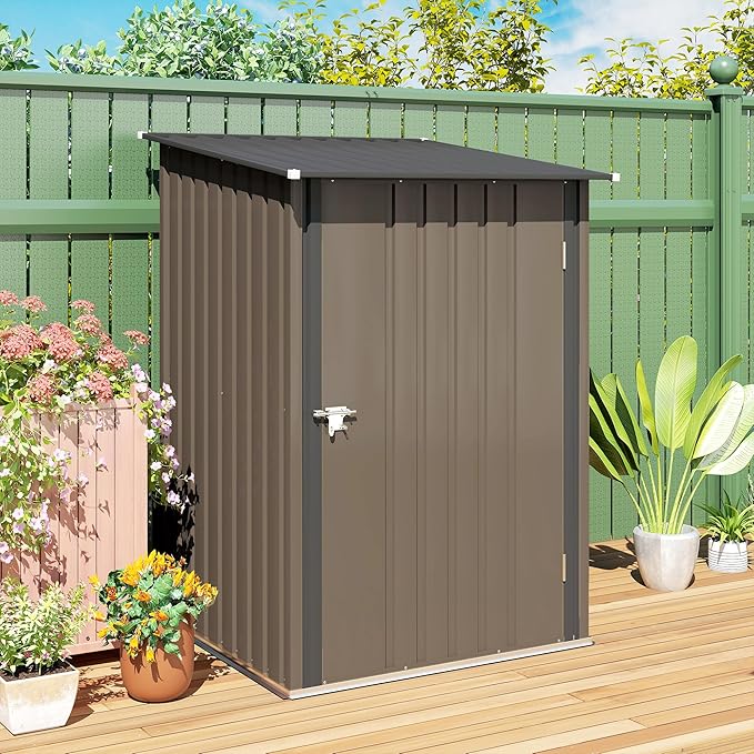 Outsunny 3.3' x 3.4' Outdoor Storage Shed, Metal Garden Tool House with Sloping Roof and Lockable Door for Backyard, Bike, Patio, Garage, Lawn, Brown