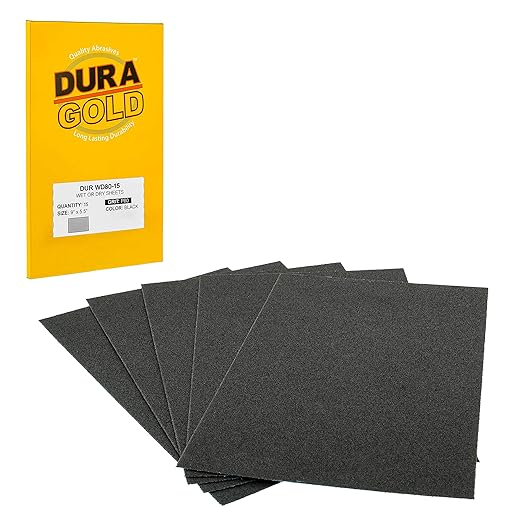 Dura-Gold Premium 80 Grit Wet or Dry Sandpaper Sheets, 5-1/2" x 9", Box of 15 - Coarse-Cut Sanding, Detailing, Polishing Automotive, Woodworking Wood Furniture, Metal Finishing, Hand Sand Block Sander