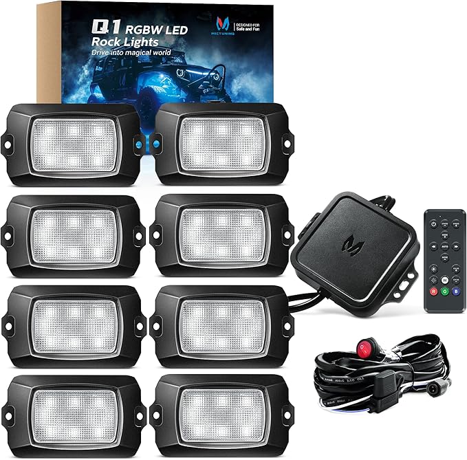 MICTUNING Q1 RGBW Rock Lights, 8 Pods Pure Color Underglow Neon Multicolor Lighting with Wiring Switch Kit, Bluetooth Controller, Remote Control, Music Mode for Trucks Car ATV UTV Golf Cart