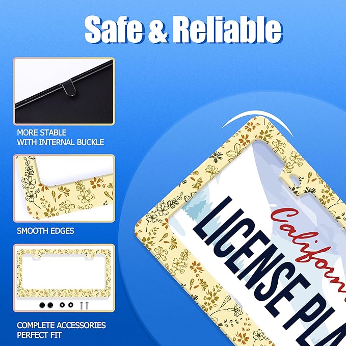 Yellow Wild Flowers License Plate Frame Colorful Flower Floral License Plate Stainless Steel Funny License Plate Holder for Men Women Universal Car Accessories Decoration 12.3" x 6.3"