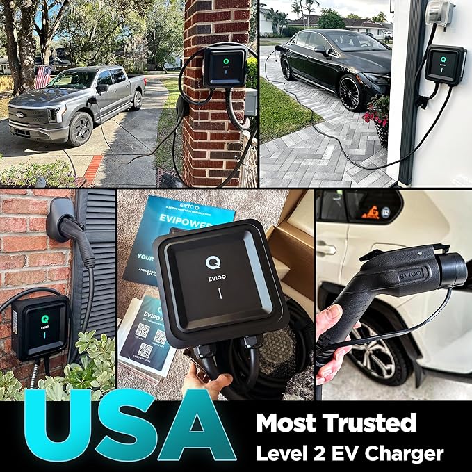EVIQO EV Charger Level 2-48 Amp Level 2 EV Charger Hardwired, 240V Electric Vehicle Charging Stations, J1772 Chargers 11.5kW, Wall EV Chargers for Home, EVSE EV Charging Station 25' Cord